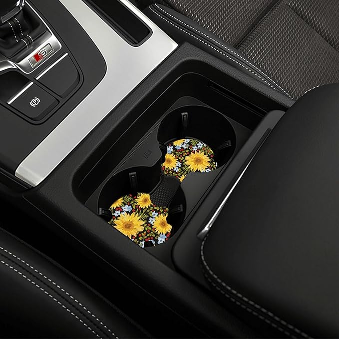 Yellow Sunflower Steering Wheel Cover - Sunflower Steering Wheel Cover Anti-Slip Car with 2 Pieces Car Coasters Suitable for Men Women