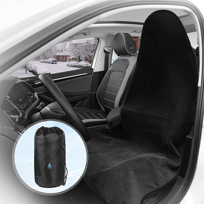 ZIMABLUE 1PC Waterproof Towel Car Seat Cover - 525g Heavy Duty 3-Layer Microfiber Sweat Protector for Bucket Seats - Non-Slip Machine Washable Universal Fit for Gym, Yoga, Beach, Pets & Outdoors-Black