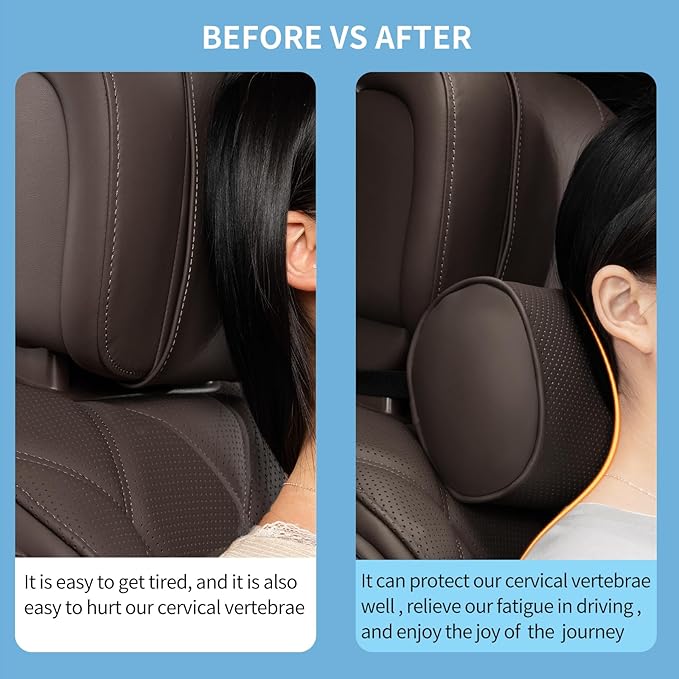 Car Headrest Pillow for Driving - Luxury Leather 100% Memory Foam, Ergonomic Neck Support - Universal Fit Head Rest Travel Pillow for Most Cars, Home & Office, Brown, 2 Pack