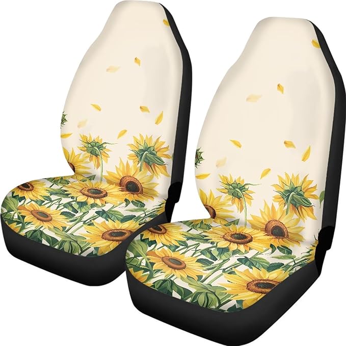 Sunflowers Print 2 Pcs/Set Car Front Seat Covers, Universal Fit Seat Covers for Sedan, Truck, SUV Polyester Bucket Cushion Protectors