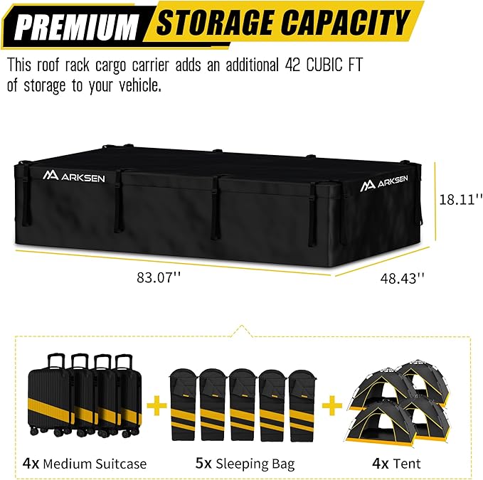 ARKSEN Extra-Wide 42 Cubic Feet Waterproof Rooftop Cargo Carrier Bag Heavy Duty Car Roof Rack Bag for Full-Size Cars w/ 8 Door Hook Straps +1 Combination Lock, 12 Reinforced Straps & Anti-Slip Mat