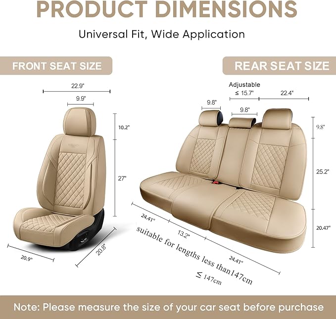 Auto Car Seat Covers Full Set Leather Cushion Protector Breathable Waterproof Seat Cover for Cars Universal Fit (Beige, Full Set Without Headrest)