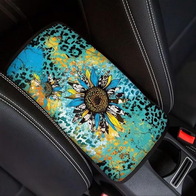 Coldinair Sunflower Auto Car Armrest Cover,Leopard Print Car Center Console Pad,Soft Seat Box Cover Protector Cushion,Car Accessories Decor for Most Cars,Sedan,Truck,SUV