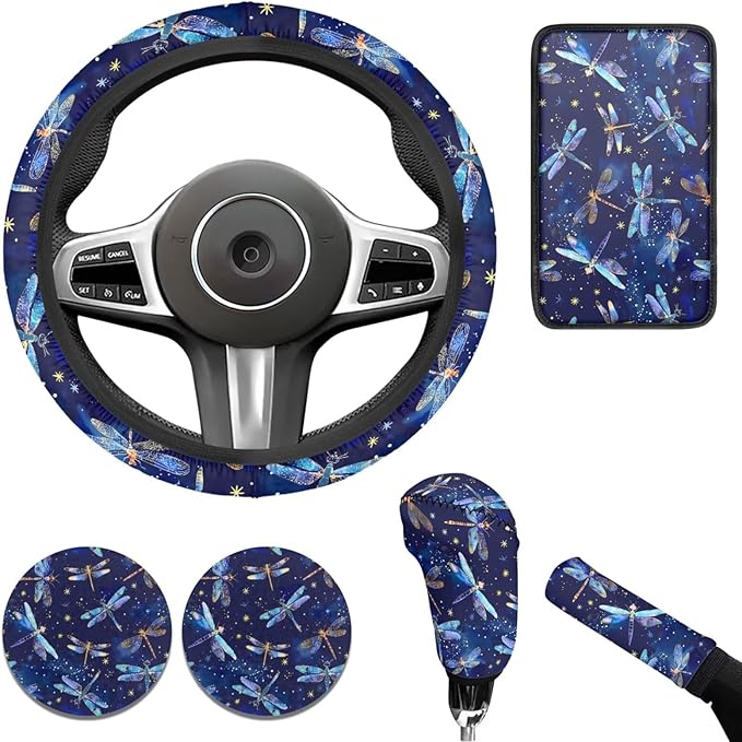 Blue Dragonfly Print 6pcs Car Steering Wheel Cover Set for Men Women Auto Interior Accessories Cup Holder Armrest Pad Seatbelt Cushion Fit for SUV Truck Vans