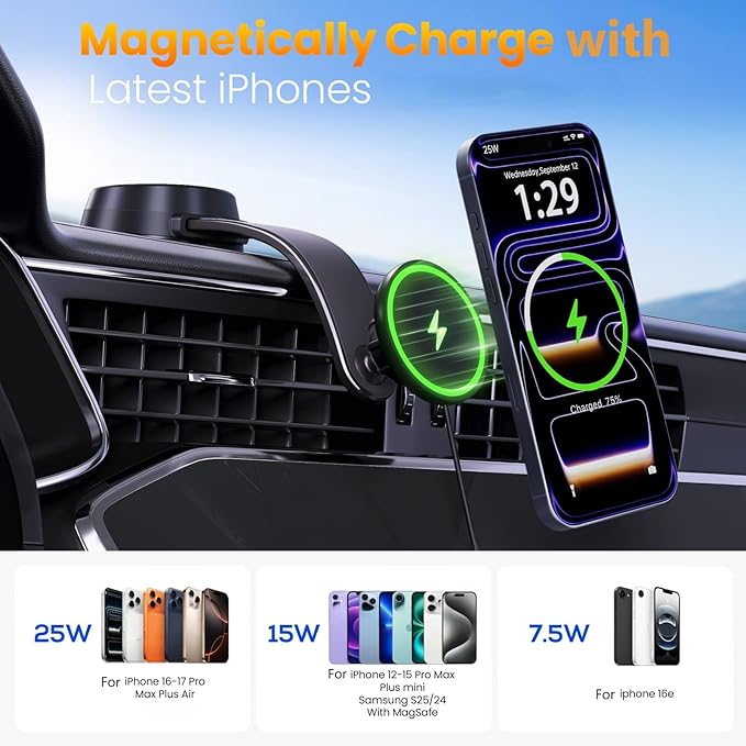 Upgrade [for Qi2.2-Certified] 25W for MagSafe Wireless Car Charger Mount, 2XFast Charging[90+LBS Safe Suction] Magnetic Phone Holder Dashboard Windshield for iPhone 17/16/15/14/13/12 Pro Max,Black