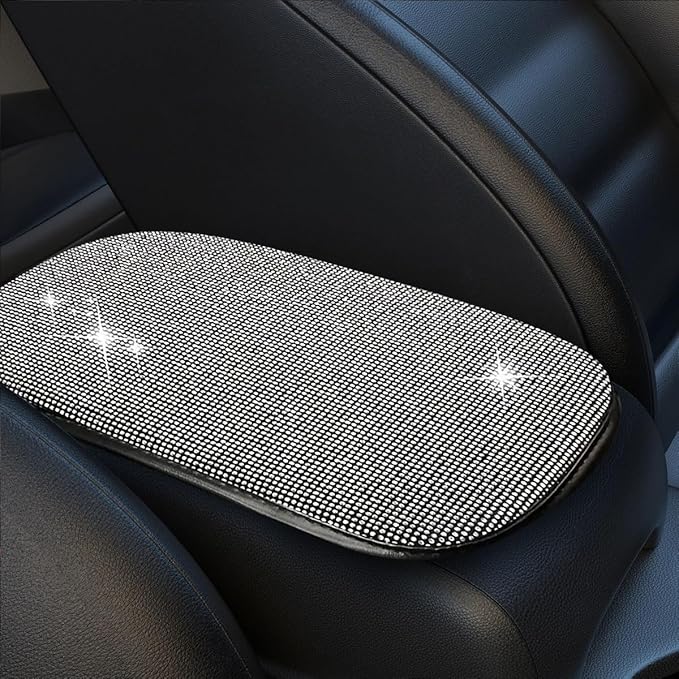 11.9''×8.4'' Bling Car Center Console Cover, Crystal Diamond Arm Rest Cover for Car, Soft Elbow Pillow Automotive Armrest Seat Box Cover, Arm Rest Protective Cushion Pad for Women Men (White)