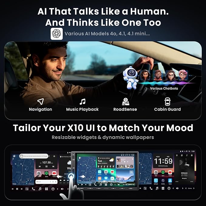 ATOTOZONE X10 7" Double-DIN Android Car Stereo, 8G+128G in-Dash Nav, Backup Cam w Recording, AI Agent & AI Vision, Re-Mote LiveView, 4G LTE, 7.1.2-Ch Audio, HDMI in, Wireless CarPlay/Android Auto