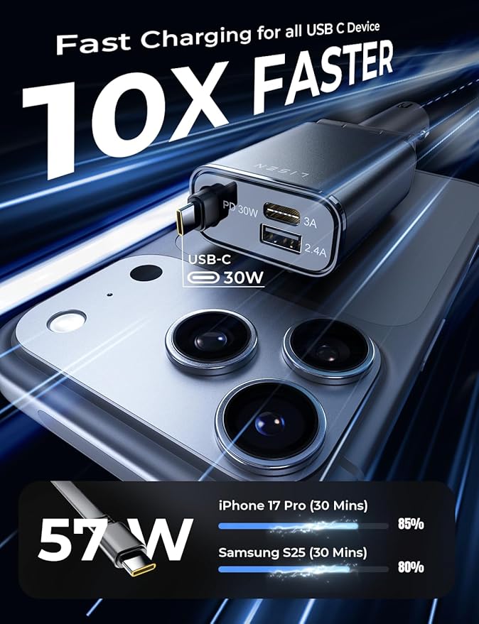 LISEN Car Charger USB C Fast Charge, [Single-Port] Retractable Car Charger USB C for Car Accessories for Women Men Phone Type C Charging for iPhone 17 Pro Max 16 15 Samsung S26 S25, MacBook Neo