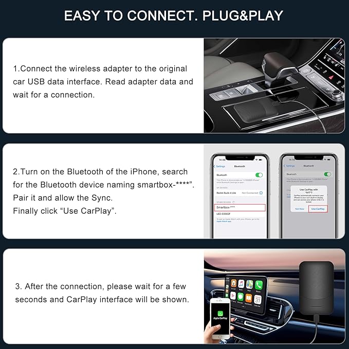 Wireless Carplay Adapter for Car, 2025 Wireless Carplay Bluetooth Adapter Plug&Play Original Car Wired CarPlay to Wireless Low Latency High Stability Compatible with iPhone ios10+