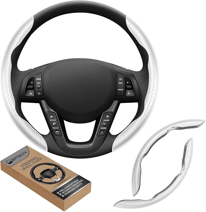 GSPSCN Universal Car Carbon Fiber Steering Wheel Cover Anti-Skid,Butterfly Steering Wheel Cover,Non-Slip Segmented Steering Wheel Protector,Fit for 99% Cars,Car Interior Accessories (White)