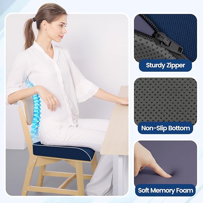 Seat Cushion for Tailbone Pain Relief, Office Chair Cushion, Memory Foam Large Chair Cushion with Non-Slip Cover for Soft Support at Office Chair, Car Seat, Airplane Dark Blue/X-Large