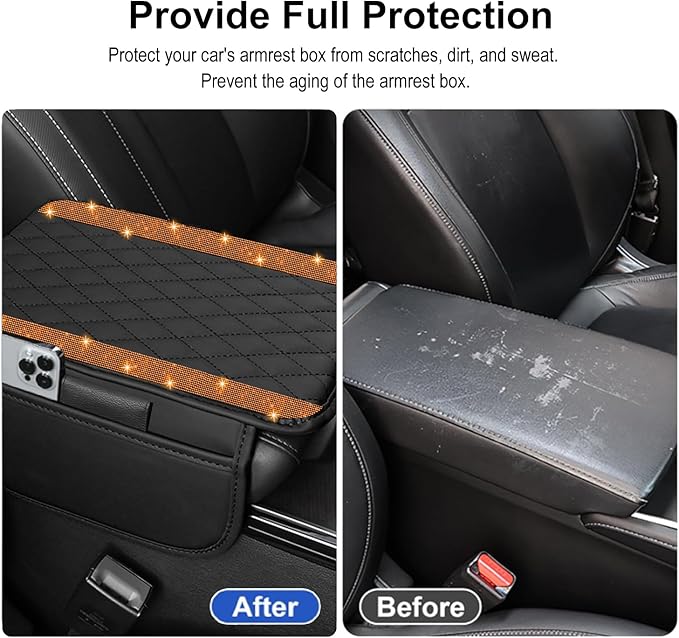 NBTEPEM Bling Car Center Console Cover, Leather Car Arm Rest Cover Cushion with 2 Storage Bags, Universal Auto Armrest Protector Storage Box, Bling Accessories Interior for Most Vehicles (Orange)