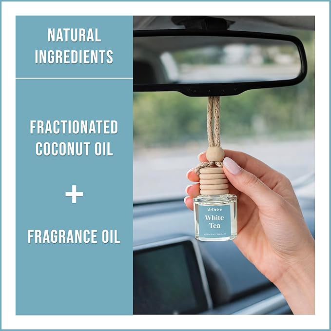 AirDrive Car Air Freshener - White Tea Hanging Oil Diffuser with Wooden Cap - Non-Toxic Rearview Mirror Accessory, Gift for Men & Women, Made in USA