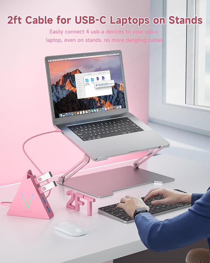 USB C Hub, Type C to 4 USB 3.0 Ports with 2 FT Extension Cables,Thunderbolt to USB Hub Adapter for iPad Pro/Air, MacBook Pro, Mac mini, iMac, Surface,XPS, Mouse, External Hard Drives(Pink)