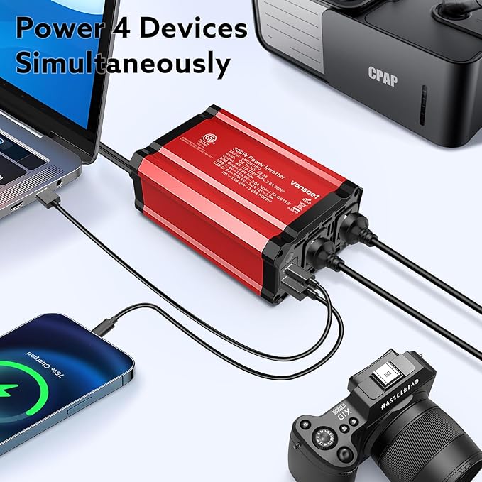 300w Power Inverter DC 12V to AC 110V - vansoet Car Plug Adapter Outlet with 3.4A Dual USB Fast Charging Port - Car Charger Cigarette Lighter Adapter for Phone, Laptop on Road Trip (Red-65)