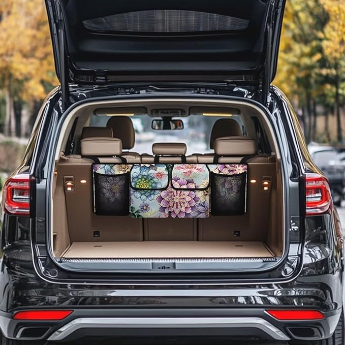 Bohemian Mandala Floral Flowers Car Trunk Organizer, Space Saving Expert, 4 Compartments, Multicolored