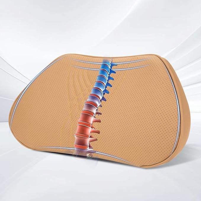 Lumbar Support Pillow for Car Seat, Office Chair Nappa Leather Memory Foam Lower Back Cushion for Back Pain Relief Improve Posture, Ergonomic Back Rest for Gaming Chair, Palomino, 1PC
