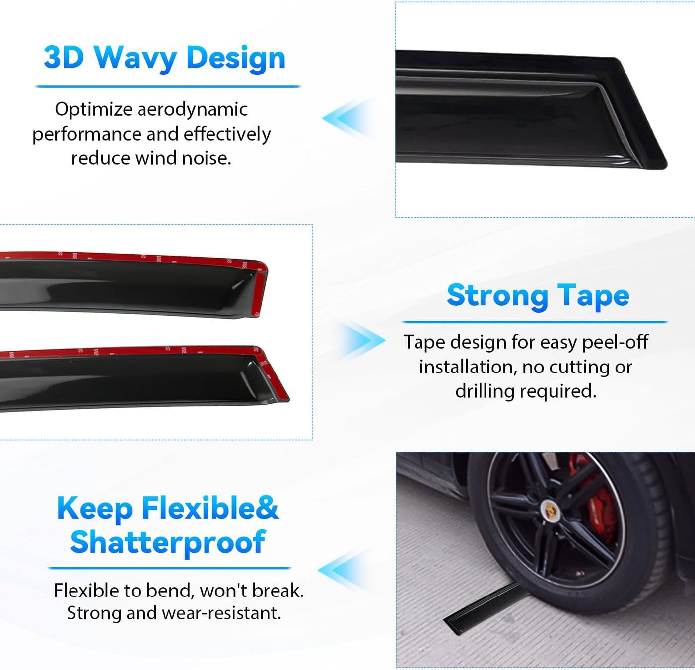 4pcs Front+Rear Smoke Tint Sun/Rain Guard Outside Mount Tape-On Vent Window Visors Compatible with 2011-2017 Nissan Leaf