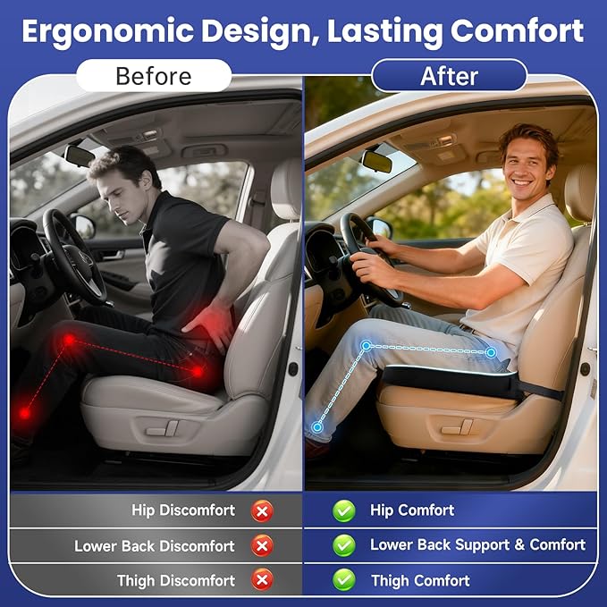 Heightening Car Seat Cushion for Car Seat Truck Driver for Broader Vision, Long Truck Seat Cushion Pressure Relief Cushion for Long Driving with Adjustable Strap Breathable Cover