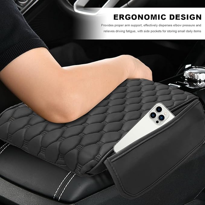 Car Armrest Cushion, Memory Foam Auto Arm Rest Box Protector with 2 Storage Bags, Waterproof Leather Center Console Cover Universal for Most Vehicles, Car Accessories (Black)