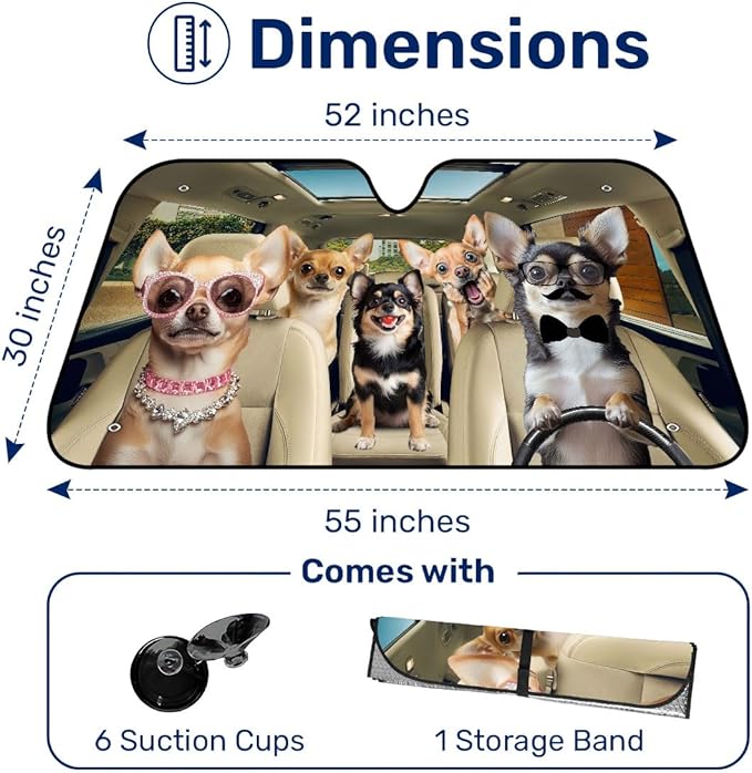 GENANY Chihuahua Dog Family Funny Windshield Sun Shade for Car SUV Truck (55x30 Inches), Sun Shade Windshield, Shades for Front Windows, Sunshade for Car Windshield, Spring Car Decor