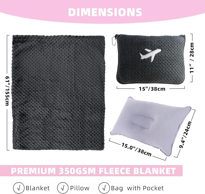 3 in 1 Travel Blanket Pillow Set - 350 GSM Thick Travel Blanket Airplane Compact with Bag, Soft Bag with a Pocket, Inflatable Travel Pillow for Camping & Car Trip (Dark Grey)