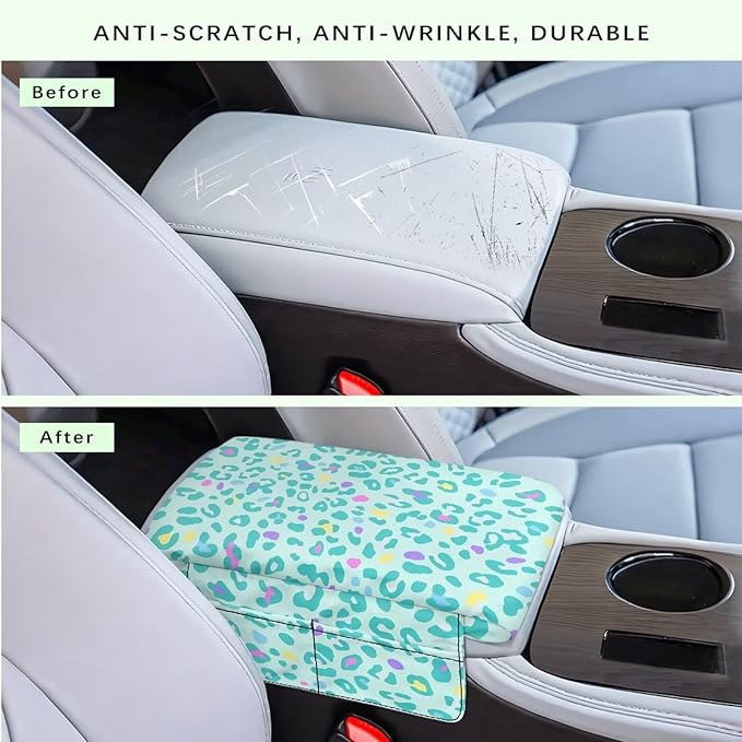Dreaweet Teal Leopard Print Arm Rest Cover for Car Women Thick Center Console Cover Pad with Pockets Cheetah Print Car Accessories Anti-Scratch Armrest Cover for SUV Sedan