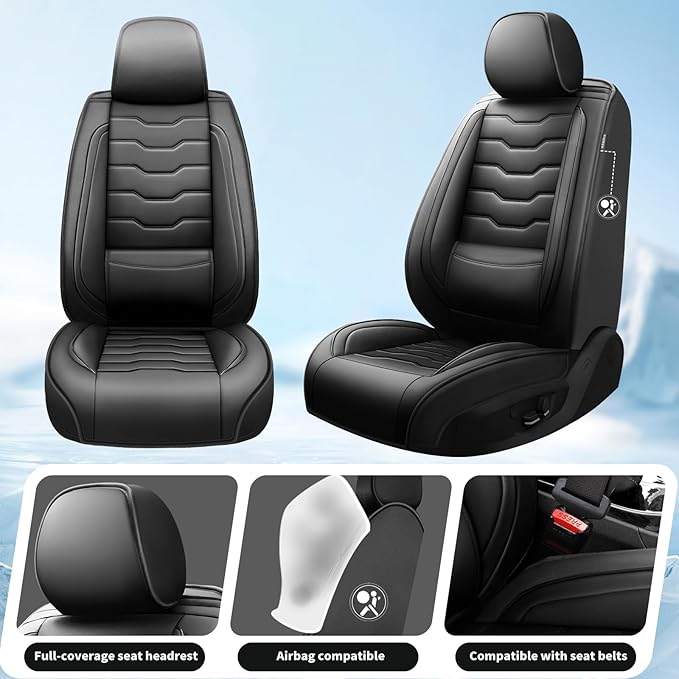Fit Versa Car Seat Covers Compatible with Nissan Versa 2008-2025 2026 - Full Set Premium Leather， Waterproof Breathable， All-Weather Seat Cushion Protecto&Airbag Compatible（Full Set,Black