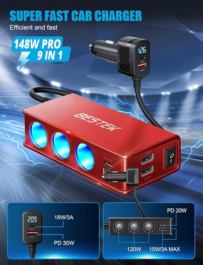 BESTEK 148W Cigarette Lighter Splitter 9 in 1 Cigarette Lighter Adapter with 3-Socket PD 30W and QC3.0 18W Charging Ports LED Display Super Fast Charger for Dash Cam, GPS, iPad/Laptop/Phone（Red）
