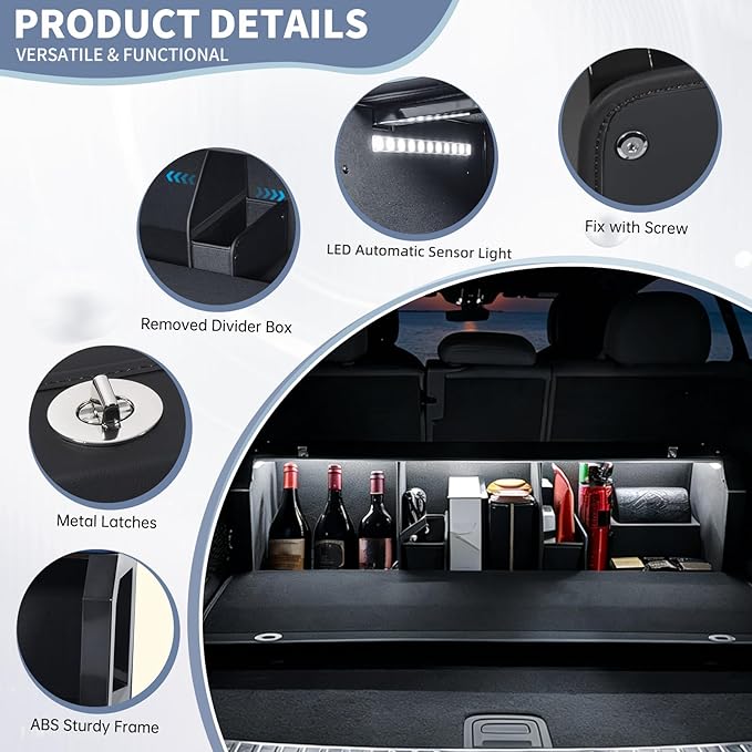 Car Trunk Organizer, Leather Trunk Organizer with LED Light Car Storage Box with Lid and Push-pull Handle Organizer Trunk Storage for SUV, Trunk, Minivan (Black, 37 x 11.4 x 12.2in)