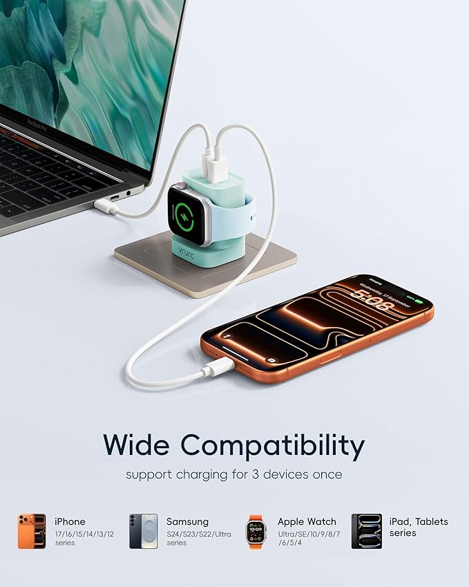 VRURC Charger for Apple Watch, Built-in Wireless Magnetic Charging Station for iWatch SE/11/10/9/8/7/6/5/4, PD 20W USB C Charging Block, Folable Wall Charger Fast for iPhone 17/16/15/14/13-Green
