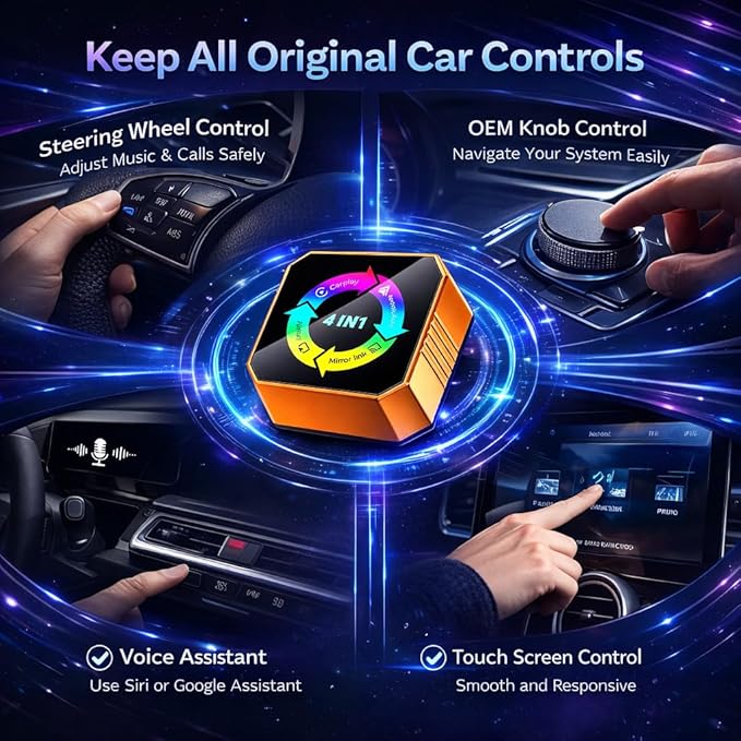 Bluradio Wireless CarPlay Adapter 2026 Upgrade – 4-in-1 Wired to Wireless CarPlay & Android Auto, AirPlay & Mirror Link, Plug & Play Auto Reconnect, 2.4G/5G Zero Lag for iPhone Android