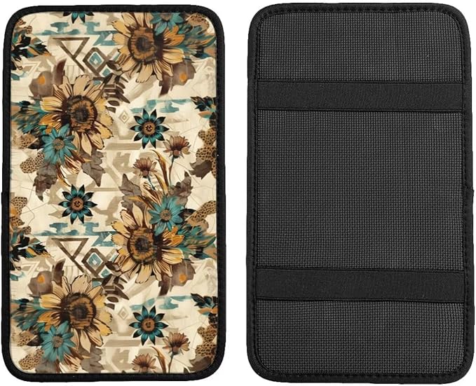 Armrest Cover Vintage Sunflower Center Console Pad Boho Geometry Car Accessories for Truck Van Sedans Scratch Resistant Armrest Cushion Pad