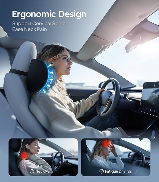 Wigoo 2026 Car Neck Pillow [No More Pressure, Odorless] Soft Car Headrest Pillow with Adjustable Strap Removable Cover 100% Memory Foam, Fits All Vehicles (Black 2-Pack)
