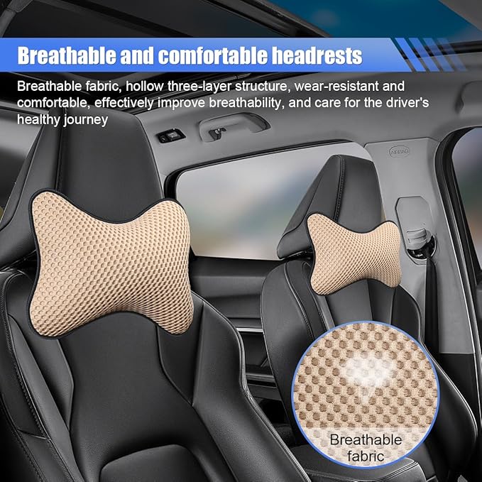 2PCS Car Headrest Pillow, Breathable Leather Car Neck Pillow, Soft Cloud Silk Cotton Neck Support Relief Cushion, Comfortable Automotive Seat Head Rest Pad for Driving Fatigue Relief (Beige)