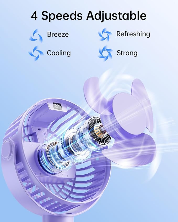 SWEETFULL Portable Stroller Fan with LED Display, 4 Speed Rechargeable Mini Clip On Fan, 360° Rotate Flexible Tripod Better Cooling Small Baby Fan for Car Seat Crib Travel Bike Treadmill (Purple)