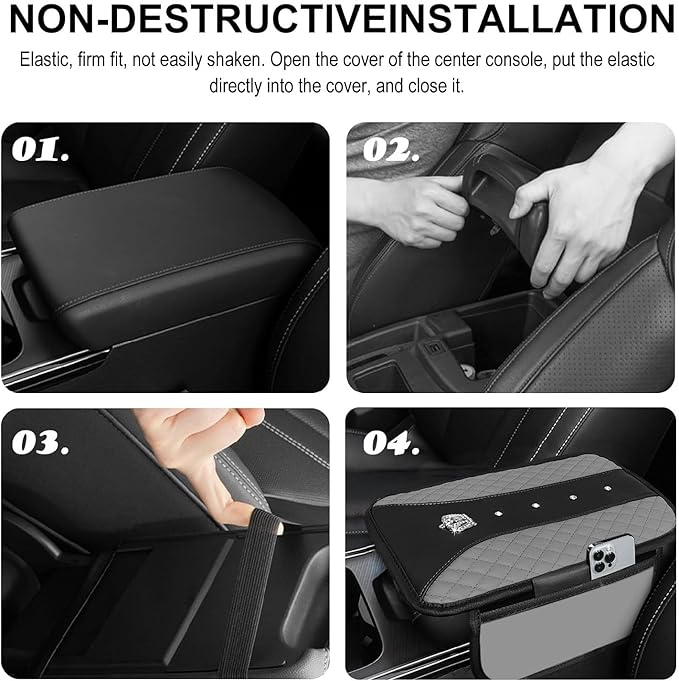 NBTEPEM Bling Crown Car Center Console Armrest Cover, Leather Middle Console Cover Cushion with 2 Storage Bags, Car Armrest Storage Box Interior Accessories for Most Vehicles(Gray)