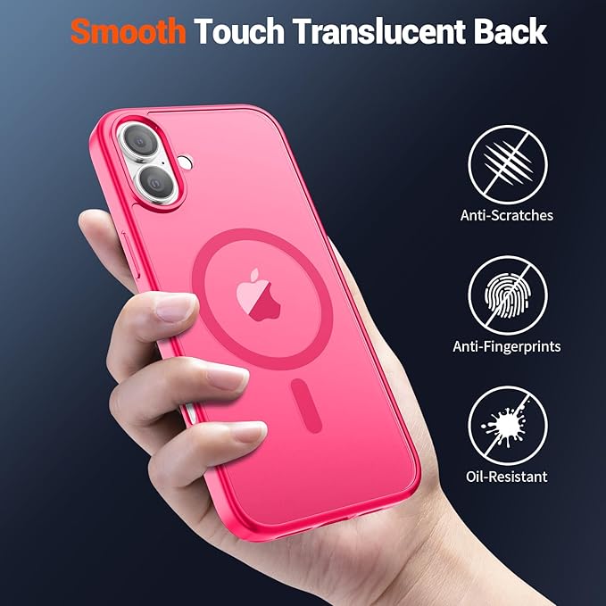 SUPFINE Magnetic for iPhone 16 Case (Compatible with MagSafe) (Military Grade Drop Protection) Slim Translucent Matte Shockproof with Anti-Fingerprint Phone Case,Hot Pink