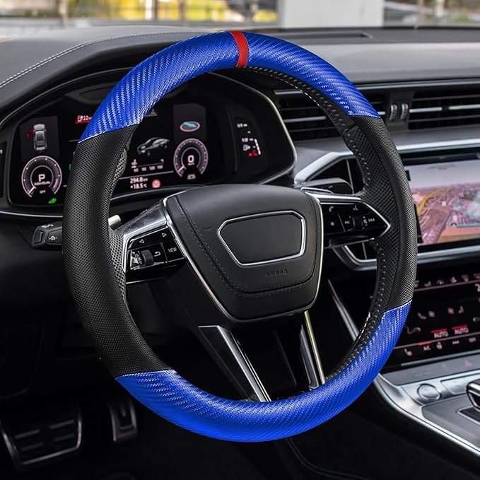 Car Steering Wheel Cover, Steering Wheel Accessories, 15 Inch Microfiber Leather Carbon Fiber Soft Anti-Slip Breathable, Car Accessories Elastic Non-Slip Cover for Most Vehicles (Blue)