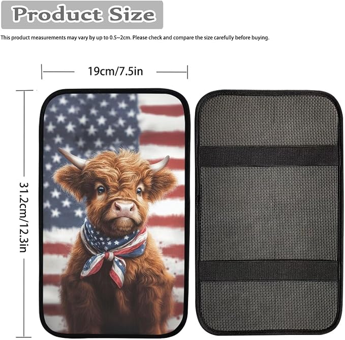 Highland Cattle Print Car Center Console Armrest Cover American Flag Print Armrest Box Cover Center Console Pad Universal Car Interior Decor for Truck Sedan SUV