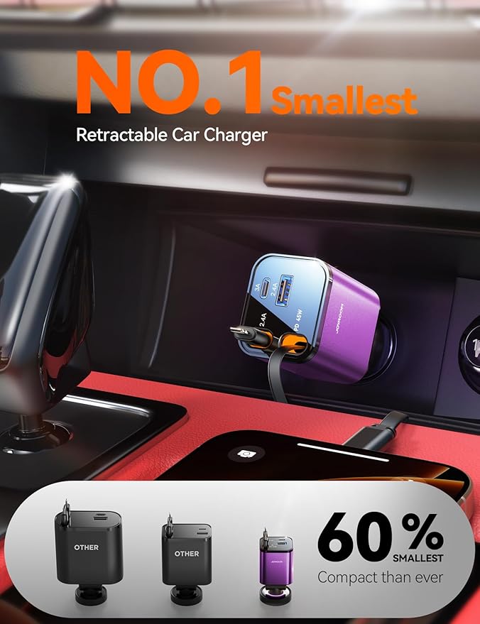 [2026 Ultra-Compact] Retractable Car Charger USB C 84W Car Accessories Adapter for iPhone 16 Fast Charging, Car Travel Essentials Gifts for Women Men, Car Phone Charger for iPhone15 Pro Max, Purple