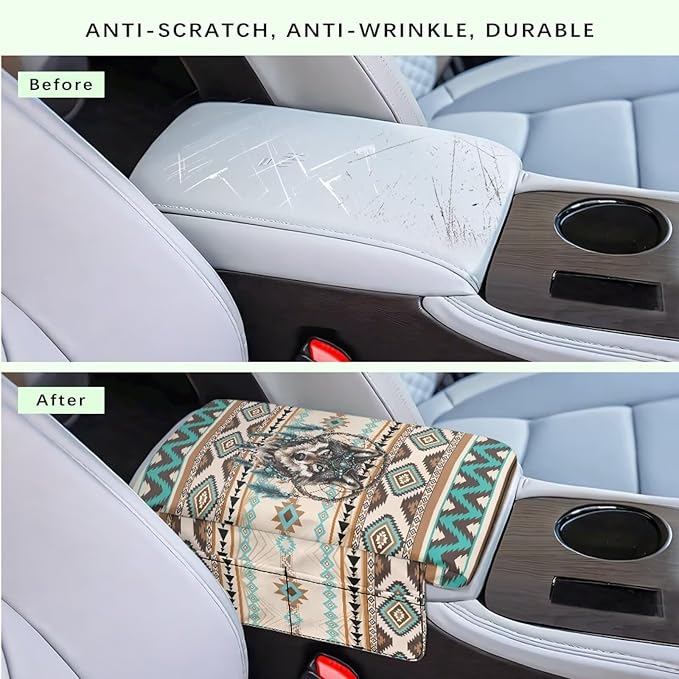Wanyint Aztec Wolf Dream Catcher Auto Center Console Pad Non-Slip Armrest Cover Cushion Lid Wear-Resistant Arm Rest Cushion Protector for Car Seat Organizer Universal Fit for Most Vehicles