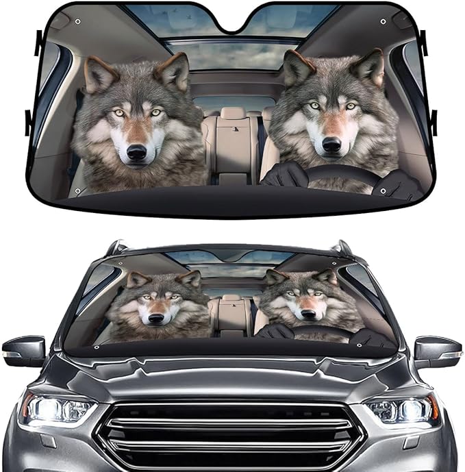 GENANY Wolf Couple Funny Windshield Sun Shade for Car SUV Truck (55x30 Inches), Sun Shade Windshield, Shades for Front Windows, Protector Blocks UV, Spring Car Decor