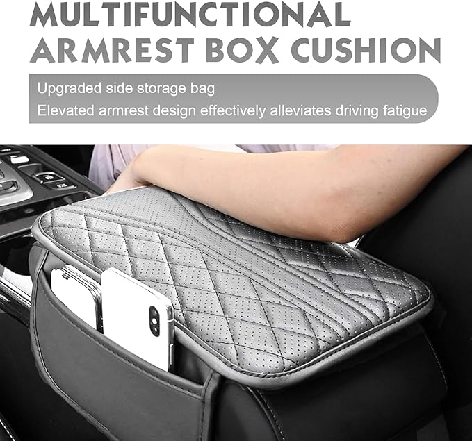 Car Center Console Cover, Leather Automotive Armrest Cushion with 2 Storage Bags, Breathable Armrest Cover, Universal Waterproof Arm Rest Protection Pad for SUV, Sedan, Truck (Gray)