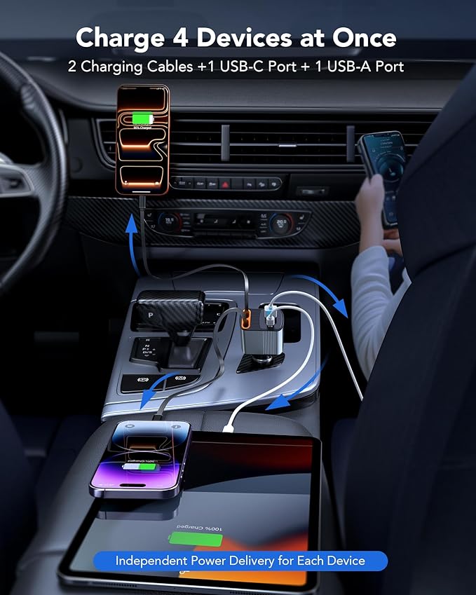2026 Updated 78W Retractable Car Charger,4-in-1 Car Charger with 2.6ft Dual USB-C & Lightning Cables,2 Ports Car Accessories Fast Charging,180° Rotation Car Charger for iPhone, Samsung,Galaxy, Pixel