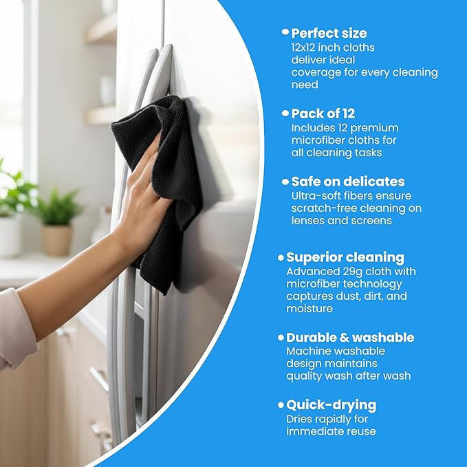 Microfiber Cleaning Cloth Black 12 Pack Premium Microfiber Towels for Cars, Lint Free, Scratch-Free, Highly Absorbent, Reusable Cleaning Rags for Car, 320 GSM Household, Kitchen, Window, 12" x 12"