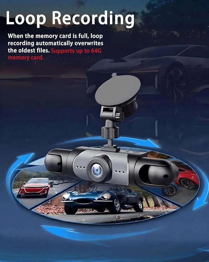Car Dash Cam Wireless Front Rear 360 Full View 4K Dual Security 24HR Rechargeable 4 Channel Mirror Rearview Interior Auto Video On-Dash Mounted Driving Recorder Truck Electronics Accessory(128G)