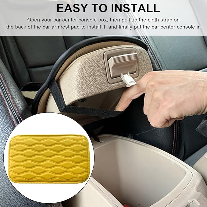 Car Center Console Cushion Pad, 12.48×7.40 Inches Waterproof Car Armrest Seat Box Cover, Comfortable PU Leather Vehicle Armrest Cover Protector, Car Decor Interior Accessories (Yellow)