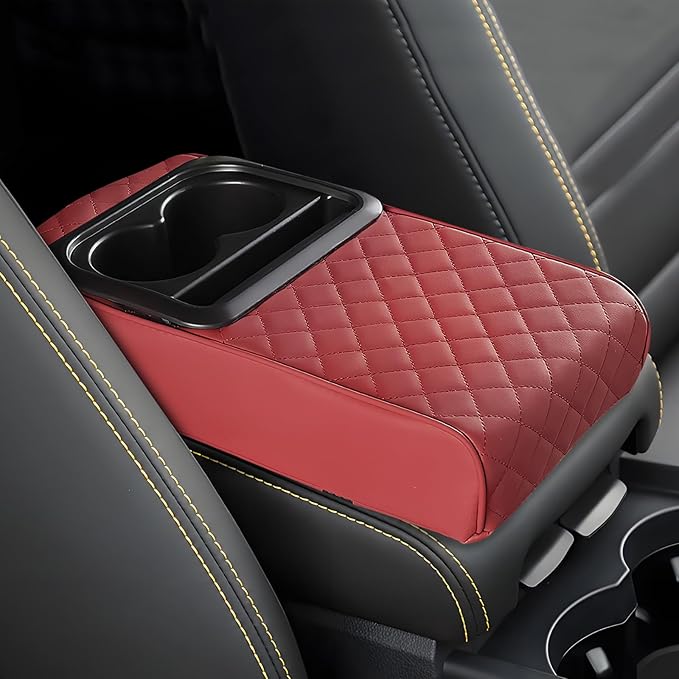 Car Center Console Armrest Pillow, 13.19"×7.87" Leather Car Arm Rest Cover, Memory Foam Auto Armrest Cushion with Cup Holder Phone Slot, Universal Vehicle Middle Console Cushion Pad (Wine Red)