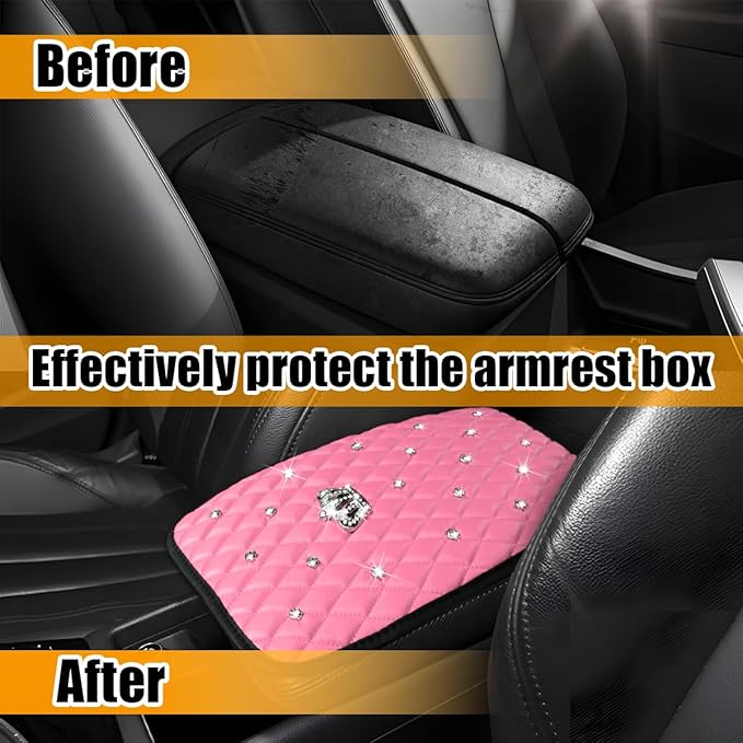 Mandark Bling Car Center Console Cover, Rhinestones Crown Vehicle Armrest Seat Box Mat Pad, Diamond Automotive Interior Arm Rest Cushion Protector Decor Accessories, Universal Fit(Pink)